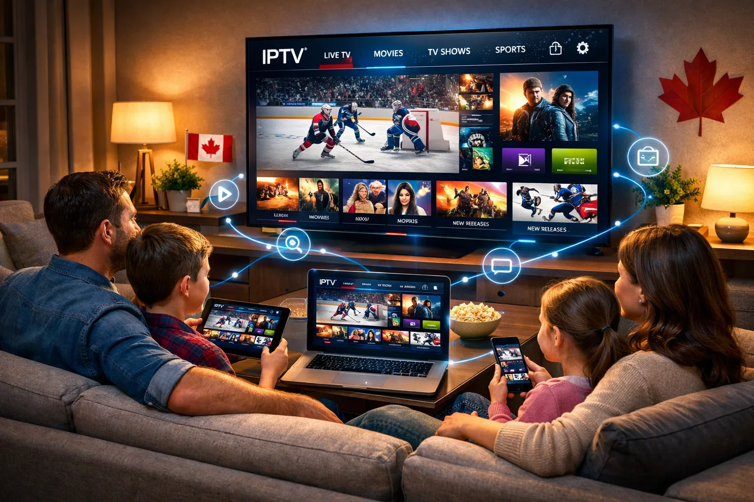 Famille devant une télé connectée avec plusieurs appareils IPTV : Fire TV Stick, boîtier et tablette