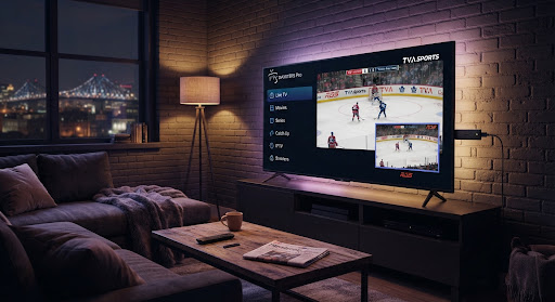 Installation moderne d'un salon montréalais avec grand téléviseur 4K affichant l'interface IPTV Smarters et un match de hockey en direct, une clé Amazon Firestick 4K Max branchée sur le côté.