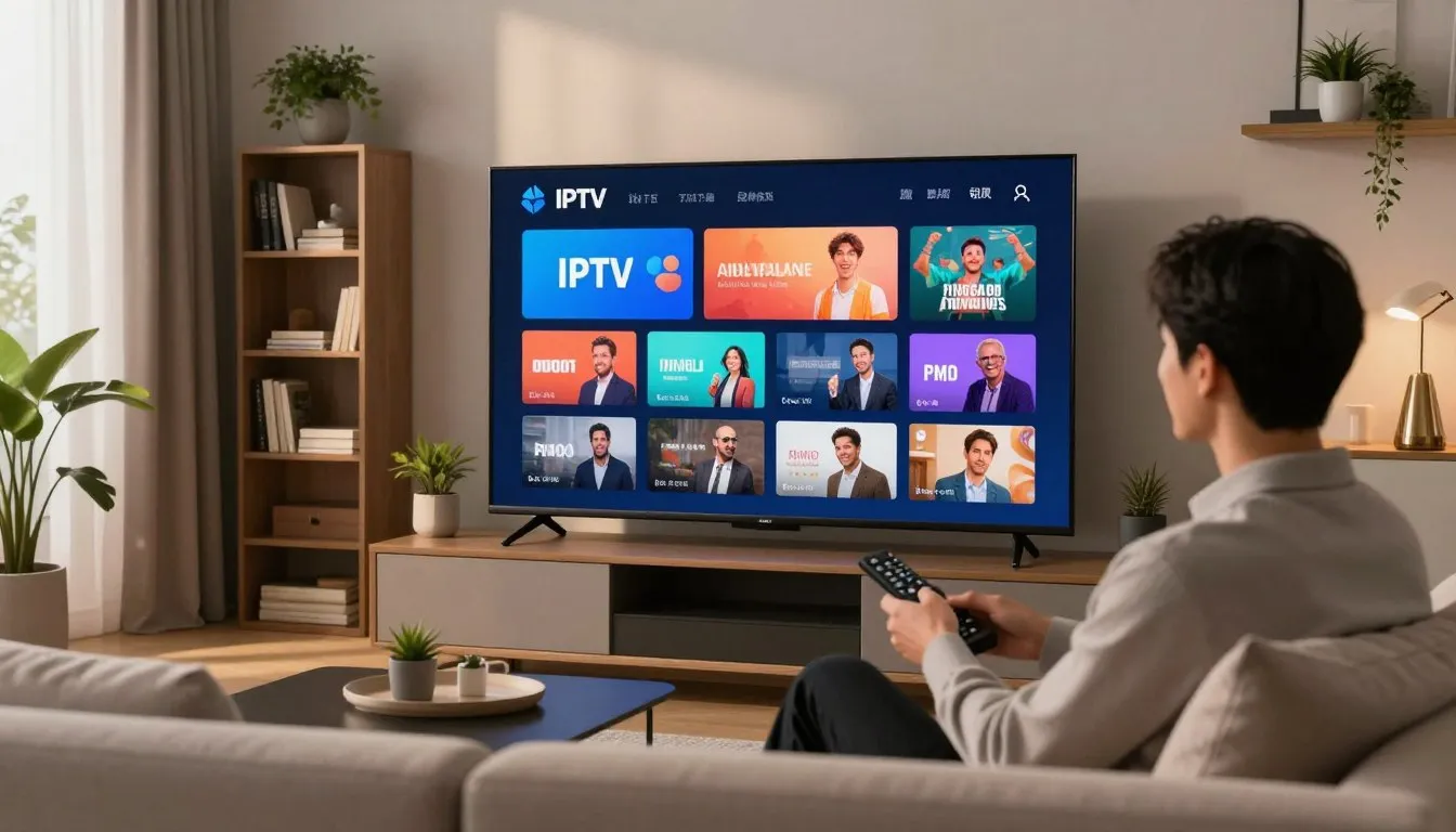 Télé et boîtier Android TV dans un salon, illustration de la télé par application EBOX TV et de l’alternative IPTV