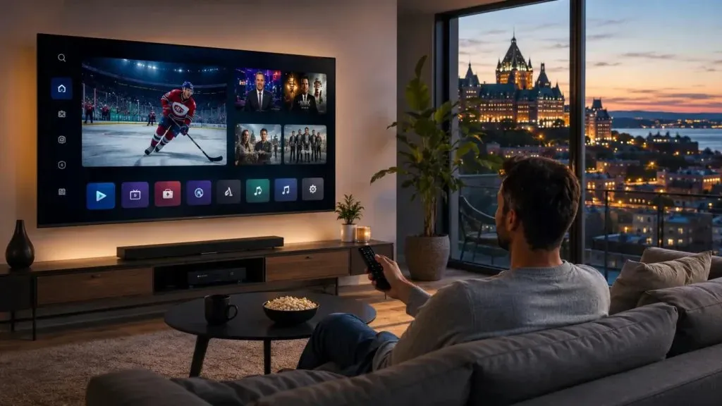 Salon avec une télé affichant un match de hockey, tablette et télécommande sur la table — comparatif Fizz TV et IPTV