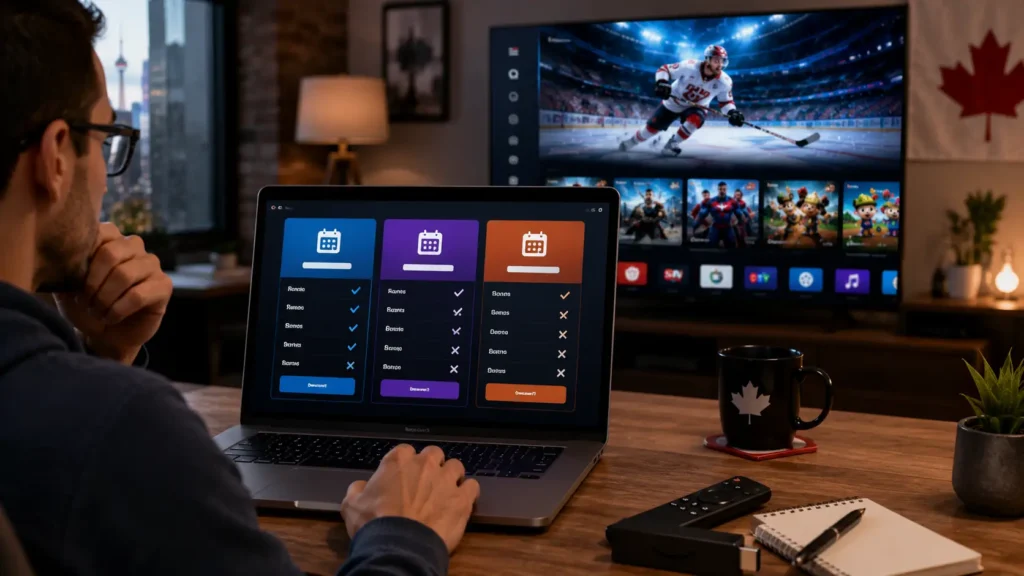 Comparing IPTV plan prices in Canada on a laptop