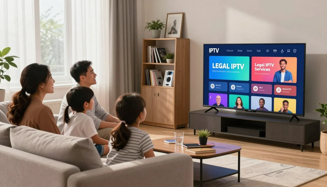 Famille regardant un service IPTV légal sur une télé au Québec