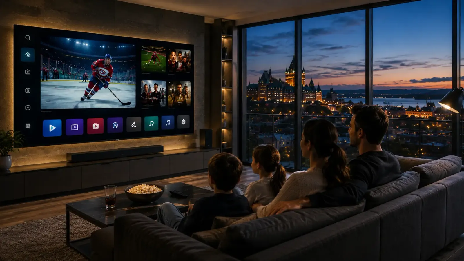Salon québécois avec une télé affichant le hockey en HD, illustration du choix d’un fournisseur IPTV