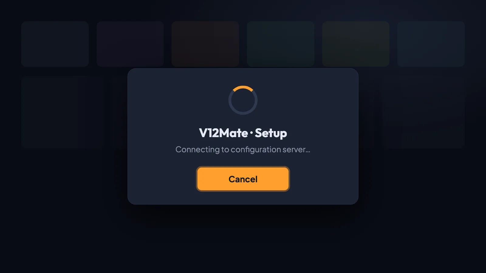 Fenêtre de configuration de V12Mate bloquée sur « Connecting to configuration server… » avec un seul bouton Cancel