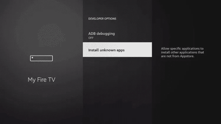 Options pour les développeurs du Fire TV : autorisation d’installer des applications de sources inconnues, accordée à Downloader